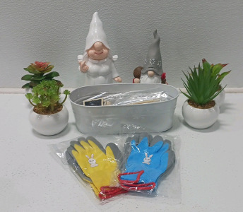 Gnomes, Planter, Gardening Gloves And Decorative Plants