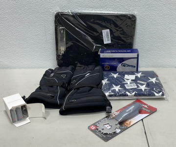 (1) Rechargable XL Pair Heated Gloves W/ Batteries And Charger, (1) Kischers LED Flashlight, (1) American Flag, (1) Grill Scraper, (1) Plastic Storage Clipboard