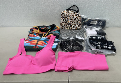 Women’s Clothing And Assesories… (1) Set Pink Excercise Suit, (2) Pullover Sweatshirts Extra Large/Large, (1) Ladies Maternity Shirt, (6) Pairs Women’s Knee Socks, (3) Pair Tennis Socks, (3) Women’s Hair Bonnets, (1) Leopard Print Insulated Lunch Box, (2)