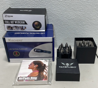 (2) Takeflight Sets of Six Whiskey Stones, (2) Kischers LED Flashlight, (1) Firacore Full HD Webcam, (1) Set AirPods Ring