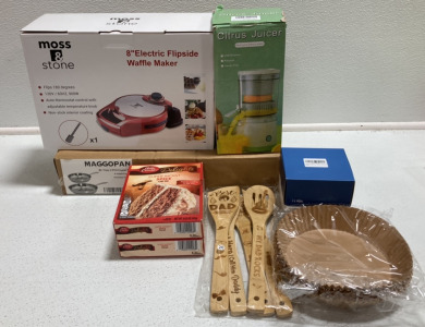 8” Waffle Maker, 2pc Frying Pans, Citrus Juicer, (2) Spice Cake Mix, “Dad” Kitchen Utensils, Tumbler Lids, Air Fryer Liners