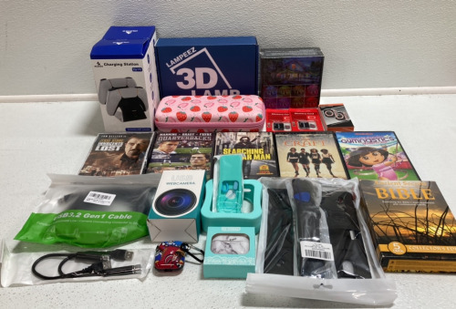 (2) PS5 Controller Charging Stations, Nintendo Switch Case, 3D Basketball Lamp, LED Strip Lights, (6) DVDs, (2) Memory Cards, iPad Mini 6 Heavy Duty Case, Web Cam, and more