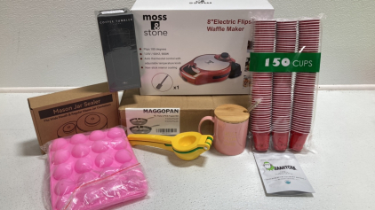 8” Waffle Maker, 2pc Frying Pan Set, Coffee Tumbler, 2oz Cups, “Best Mom” Mug, Matcha, Lemon/Lime Squeezer, Cake Pop Molds, Mason Jar Sealer