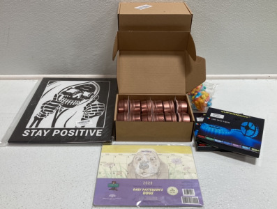 Stay Positive Canvas Print, (5) Box of 12 Rose Gold Tins, Calendar, (2) LED Strip Lights, Fidget Poppers