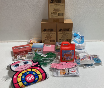 (3) Boxes of Water Blasters, 32oz Bubbles, Sticky Fabric Darts, Fidget Toys, Wood Model, Paw Patrol Puzzle, Stickers, Cleveland Sports Trivia, Masks, Stuffed Toys