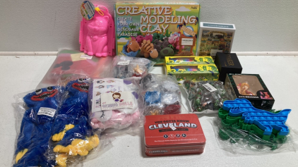 Modeling Clay, 500pc Puzzle, Fidget Slugs, Fidget Poppers, Pokémon Balls, Inflatable Swim Tubes, Cat Mold, Doll Clothes, Stuffed Toys, TMNT Figures, Anime Figure, Skate Practice Cones, Cleveland Sports Trivia