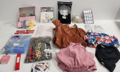 (2) Boxes Of Hair Clips, (2) False Eyelashes, Lip Masks, Blemish Cream, Tapestry, Bathing Suit (Size L) Dress (Size M) Jacket (Size L) T- Shirt (Size S) Wig And More