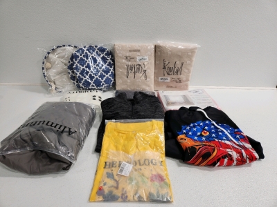 (2) Pop-Up Totes, (3) Curtains, Shower Curtain, (3) Sweaters( Size L), T-Shirt (Size L) Tights