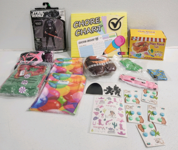 Star Wars Costume, (2) Dress-Up Dresses, Chore Chart, Play Food Set, (2) Coloring Books, Plush Toy, Stickers And More