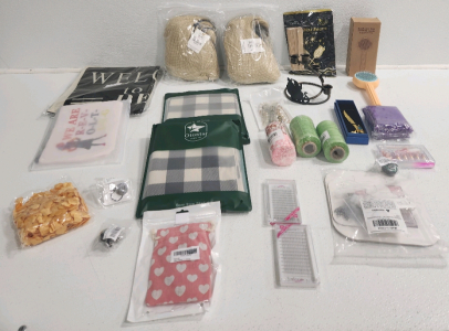 (2) Blonde Wigs, (2) False Eyelashes, Feather Necklace, Keychain, (2) Throw Pillow Covers, Candle Holder, Wax Beans, Hair Removal Comb And More