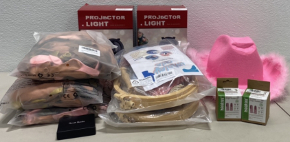 (2) Multipe Holiday Projector Lights, (1) Cute Pink Cowgirl Costume Set, (3) Bags of Pink and Brown Balloons, and more!