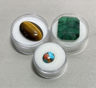 (1) Natural Emerald Rich Green Columbian Gemstone 36.35ct, (1) Tiger Eye Jasper Flashy Oval Gemstone 22.30ct, (1) Oyster Copper Turquoise Cabochon Gemstone 3.35ct