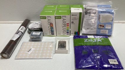 (6) Boxes of Earplugs, (2) Indoor AC Covers, Purple Reflective Vest, Gaffer Tape, Wallpaper, Screw Covers, Magnetic Hooks, Vinyl Sliding Hooks