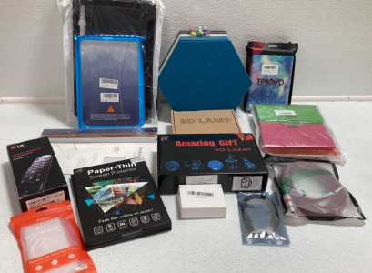 Various Tablet Cases, Foam Boards w/ Push Pins, Mini File Folders, Audio Cables, BB8 3D Lamp, Among Us 3D Lamp, LG Remote, Screen Protectors, Rulers