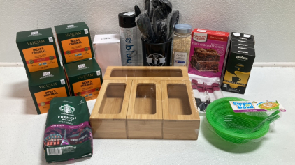 Storage Bag Organizers, Utensils, (6) India’s Original Chai Tea, Starbucks French Roast Ground, Sippie Cereal Bowls, Lavazza Coffee, Duncan Hines Brownie Mix, 17oz Minced Onion, and more