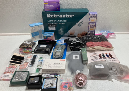 (2) Back Pain Relief Device, (3) Collagen Whitening Cream, Warm Headbands, (2) Shoe Crease Protectors, Shoe Inserts, Gel Polish, Facial Cleansing Brush, Press On Nails, Various Jewelry and more