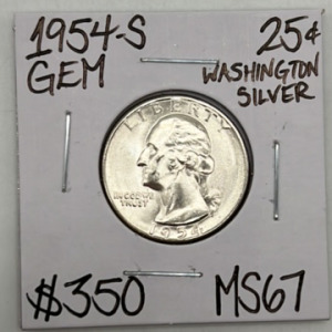 1954-S MS67 Gem Silver Washington Quarter