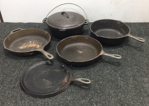 (5) Cast Iron Skillets and Dutch Oven