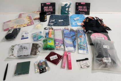 (2) Women's Shirts (Size XL) Women's Bathing Suit (Size M) Women's Two Peice Outfit (Size S), (3) Gel Nail Polish Sets, Mug, Masks, (4) Diamond Paintings, Eyeshadow And More