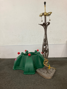 Christmas Tree Stand And Vintage Metal Lamps