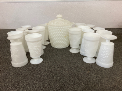 Anchor Hocking Milk Glass White Hobnail Cookie Jar / Ice Bucket With Cups