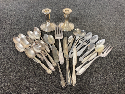 Silverware Set and Pair of Sterling Silver Candle Holders