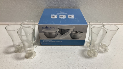 3pc Stainless Steel Bowl Set w/ Plastic Lids, (6) Glasses
