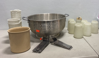 (7) Salad Dressing Pourers, (1) Large Metal Strainer, (2) Noodle Cutters, (6) Silverware Holders, and more
