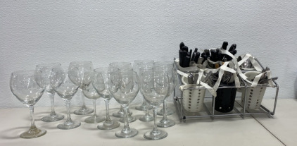 (14) Various Sized Un-Branded Clear Wine Glasses, (1) Entire Silverware Set in Restaurant Style Silverwear Holder