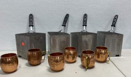 (4) Metal Fryers, (6) Bronze Colored Metal Mugs