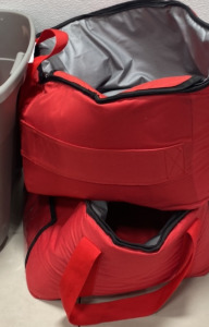 (1) Large Plastic Grey Bin, (4) Red Insulated Delivery Bags