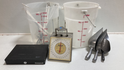 (2) 22qt Buckets, (3) Metal Scoops, Food Scale, Money Box, Various Hardware