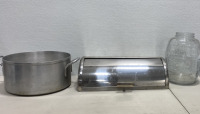 (1) Metal Buffet Food Lid, (1) Large Boiling Metal Pan, (1) Drink Barrel Glass