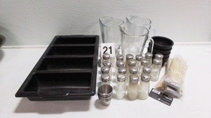 Plastic Silverware Tray, (3) Glass Pitchers, (4) Plastic Standing Bowls, Table Numbers, Skewer Sticks, (19) Spice Shakers, (13) Metal Sauce Containers,