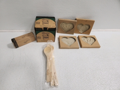 (4) Pampered Chef Molds, Pampered Chef Wooden Spoon Set, Pampered Chef Garlic Press, Pampered Chef Stoneware Crock