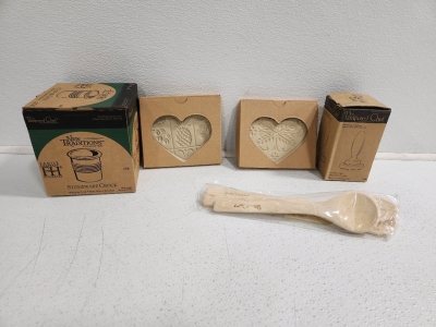 (2) Pampered Chef Molds, Pampered Chef Stoneware Crock, Pampered Chef Wooden Spoon Set, Pampered Chef Meat Tenderizer