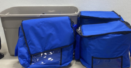 (1) Large Plastic Grey Bin, (4) Dark Blue Insulated Delivery Bags