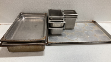 (2) 26x18 Baking Sheets, (7) Metal Kitchen Containers, (4) Large Metal Hot Food Containers