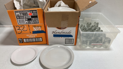 Box of Small Plates, Box of Medium Plates, (22) Shot Glasses