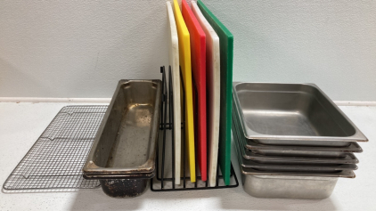 (5) Cutting Boards, (5) Metal Food Containers, (2) Long Metal Containers, Cooling Rack