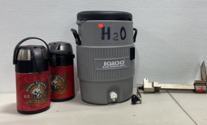 (1) Prep Table Mounted Large Commercial Can Opener, (1) H20 Igloo 5-Gal Drinking Water, (2) Douwe Egberts Coffee Canester