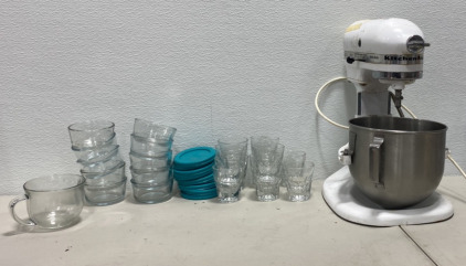 (10) Small Dipping Sauce Bowls with Teal Lids, (10) Small Drink Classes, (1) Large Clear Mug, (1) Kitchen Aid Heavy Duty Mixer