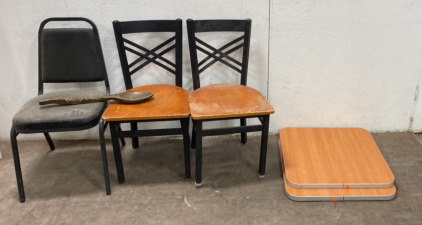 (2) Wood and Black Chairs, (1) Black Chair, (1) Large Decorative Spoon, (2) Small Wooden Table Tops