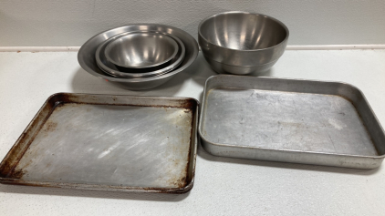 (7) Various Metal Mixing Bowls, (1) Baking Pan, (2) 18x13 Baking Sheets