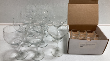 (8) Wine Glasses, (2) Martini Glasses, (16) Bushmills Shot Glasses
