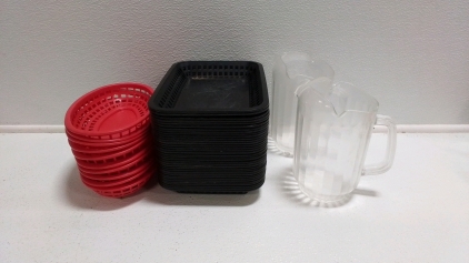 (10) Red Plastic Food Baskets, (35) Black Plastic Food Baskets, (2) Plastic Pitchers