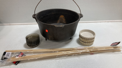 Large Cast Iron Pot, (3) Br&ucirc;l&eacute;e Dishes, (6) Small Glass Br&ucirc;l&eacute;e Dishes, Large Bamboo Skewers