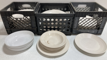 (3) Milk Crates of Plates, (3) Shallow Bowls, (2) Wide Bowls