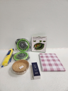 Mop Scrub, Air Fyer Paper, Tablecloth, (3) Collapsible Filter Baskets, Stainless Steel Ice Cubes