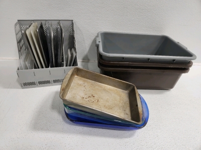 Lids With Organizer, (3) Plastic Tubs, (1) Cookie Sheet,(2) Pyrex Dishes